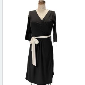 Melissa Masse black with ivory wrap belt detail dress with 3/4 sleeves NWT